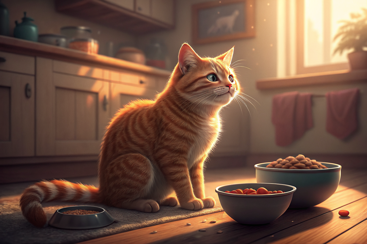 건강한 고양이와 사료 그릇 구토 예방 식이관리