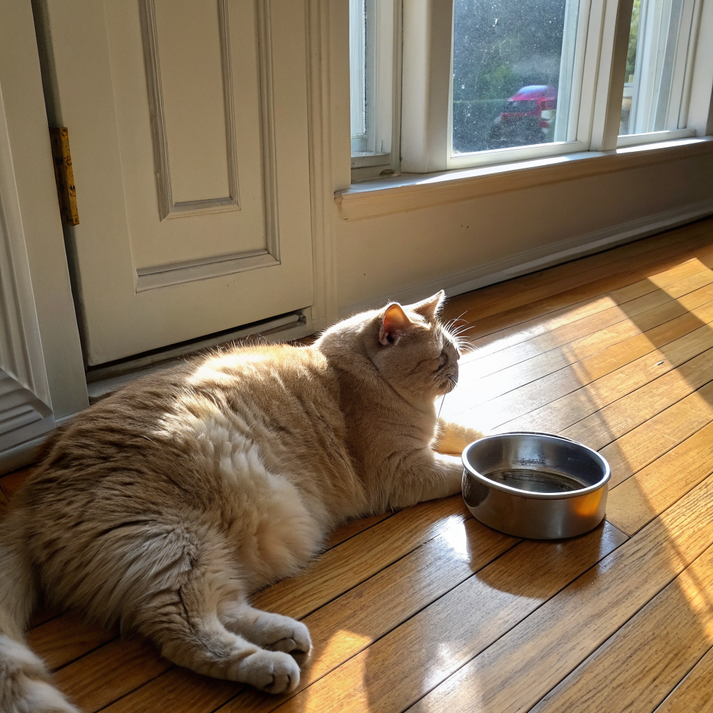 나무 바닥에 누워 있는 통통한 고양이 옆에 빈 사료 그릇, 고양이 비만 생활 환경 이미지
