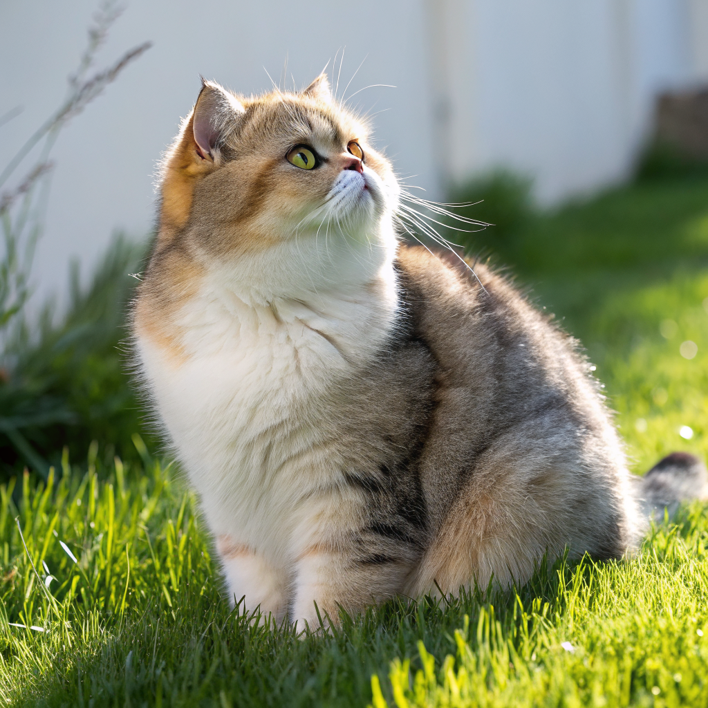잔디 위에 앉아 있는 통통한 줄무늬 고양이, 고양이 비만 완벽 가이드 대표 이미지