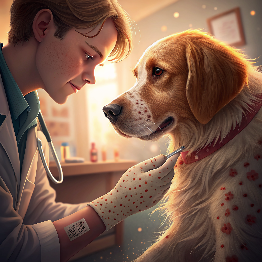 알레르기 증상으로 귀를 긁는 강아지를 수의사가 진찰하는 모습