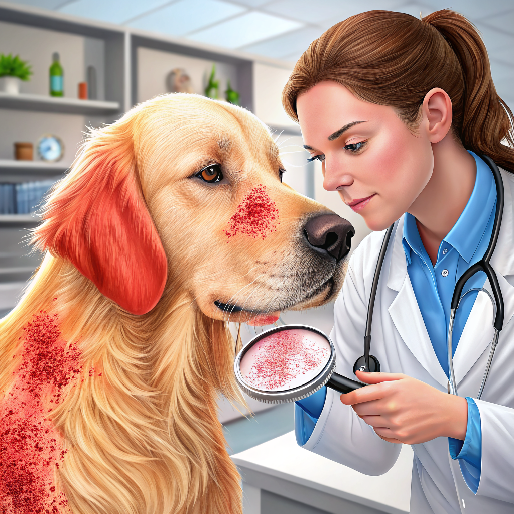 수의사가 강아지 아토피 피부 발진을 검사하는 모습