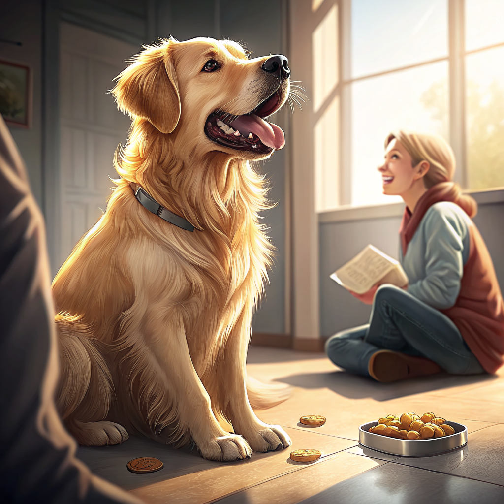 강아지 기초 훈련 - 골든리트리버가 훈련 중 보호자를 집중해서 바라보는 모습