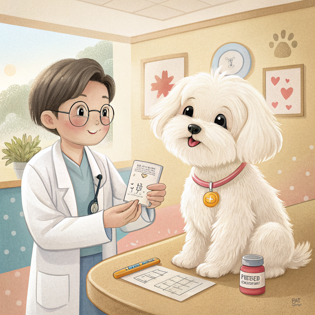 강아지 심장사상충 예방을 위해 동물병원에서 예방약을 받는 말티즈