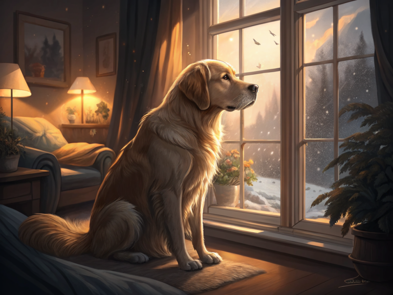 창가에 앉아 주인을 기다리는 슬픈 골든리트리버 강아지 분리불안 모습