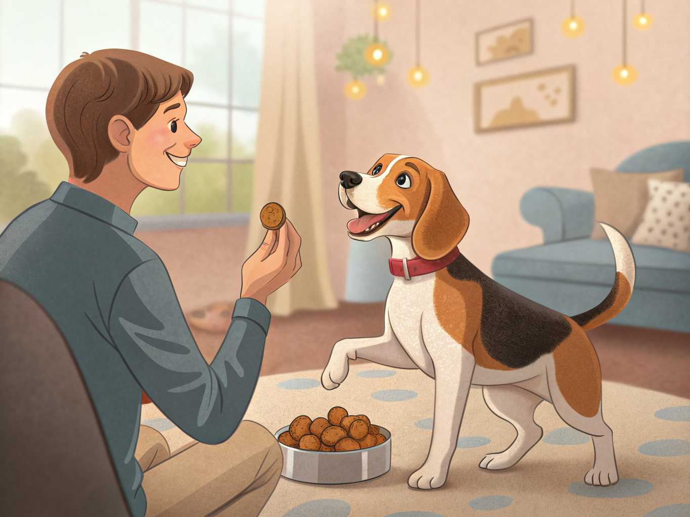 보호자가 비글 강아지와 함께 긍정 강화 훈련을 하는 모습