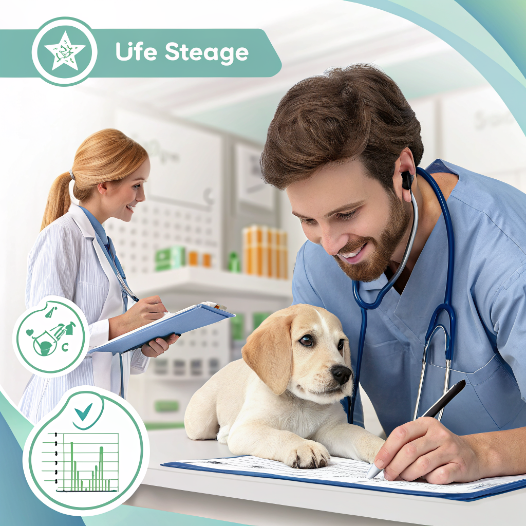수의사가 강아지 퍼피를 건강검진하는 모습, 생애주기별 반려동물 건강관리