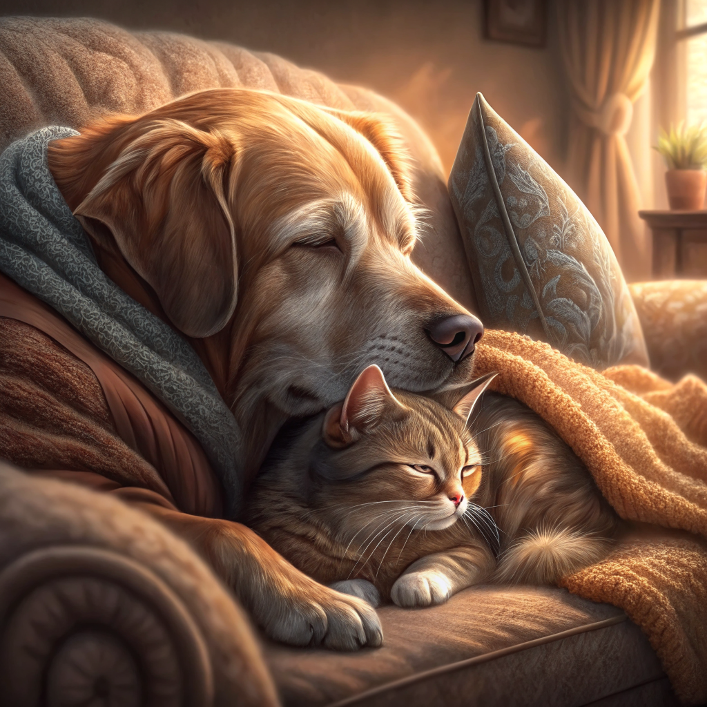 노령 강아지와 고양이가 집에서 편안하게 쉬는 모습, 시니어 반려동물 건강관리