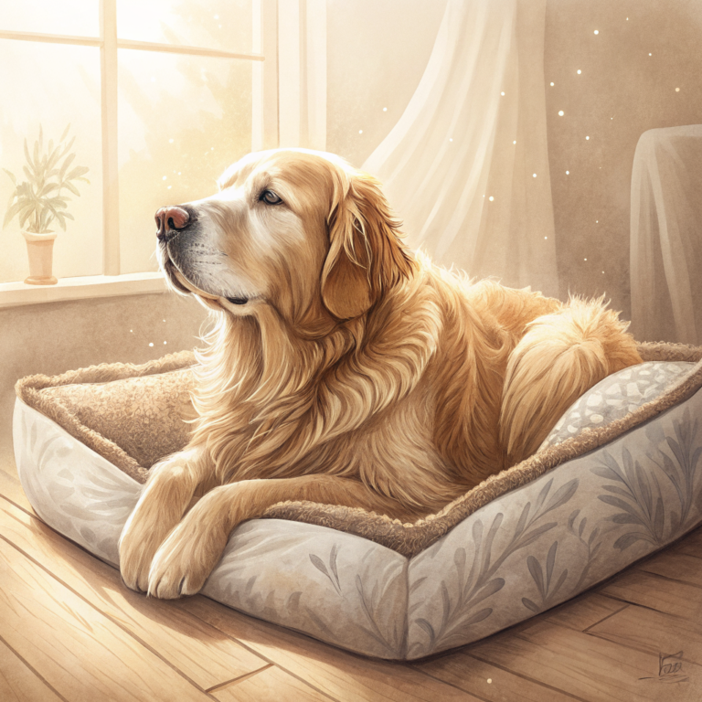 시니어 강아지가 편안한 침대에서 쉬고 있는 일러스트