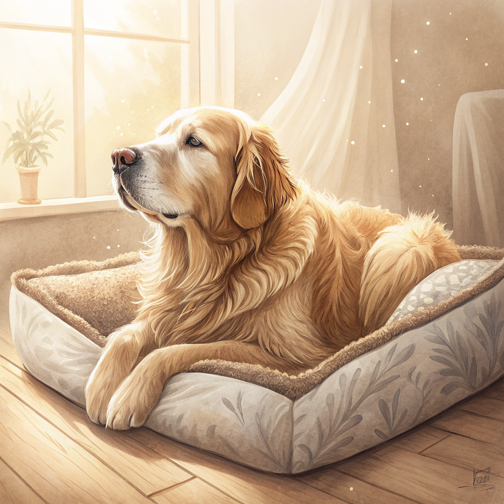시니어 강아지가 편안한 침대에서 쉬고 있는 일러스트