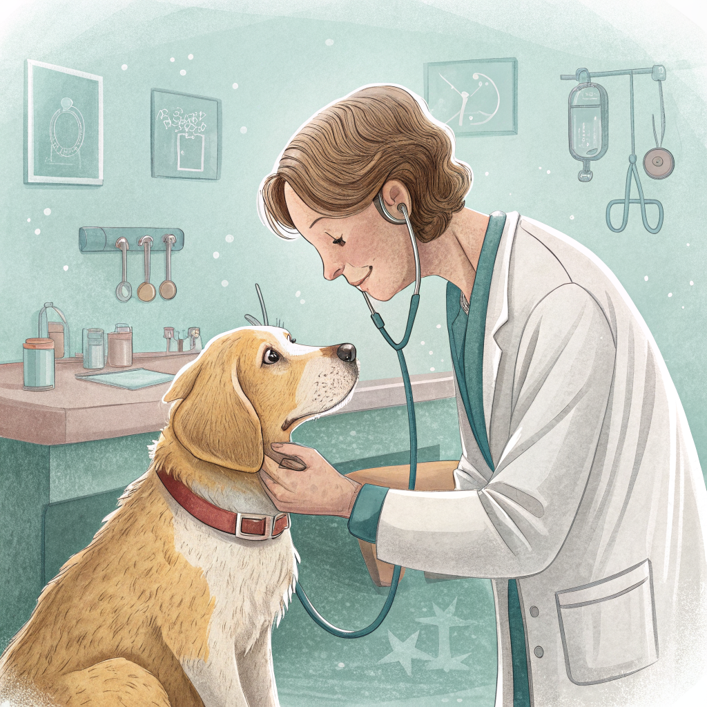 수의사가 노견을 검진하는 일러스트