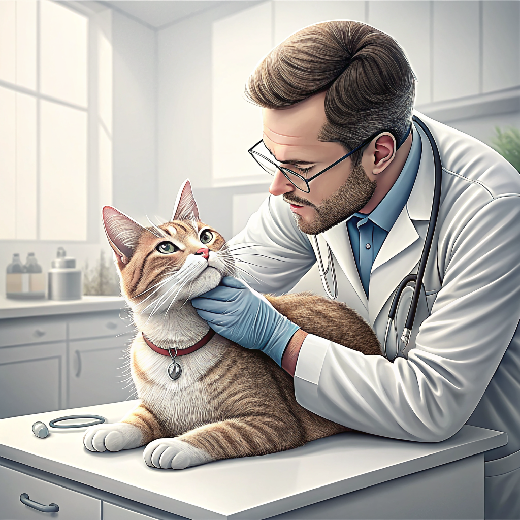 수의사가 고양이 목 갑상선 부위를 촉진하는 모습, 고양이 갑상선 기능항진증 진단 방법