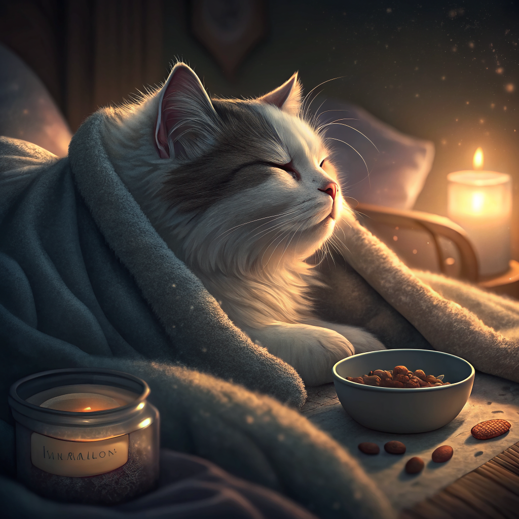 구내염 치료 후 편안하게 쉬고 있는 고양이, 부드러운 사료와 함께