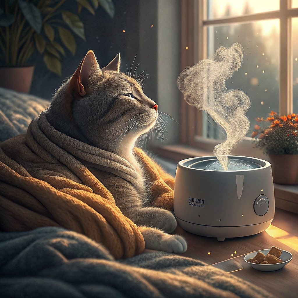 가습기 옆에서 따뜻한 담요 위에 편안하게 쉬는 고양이, 감기 회복 환경