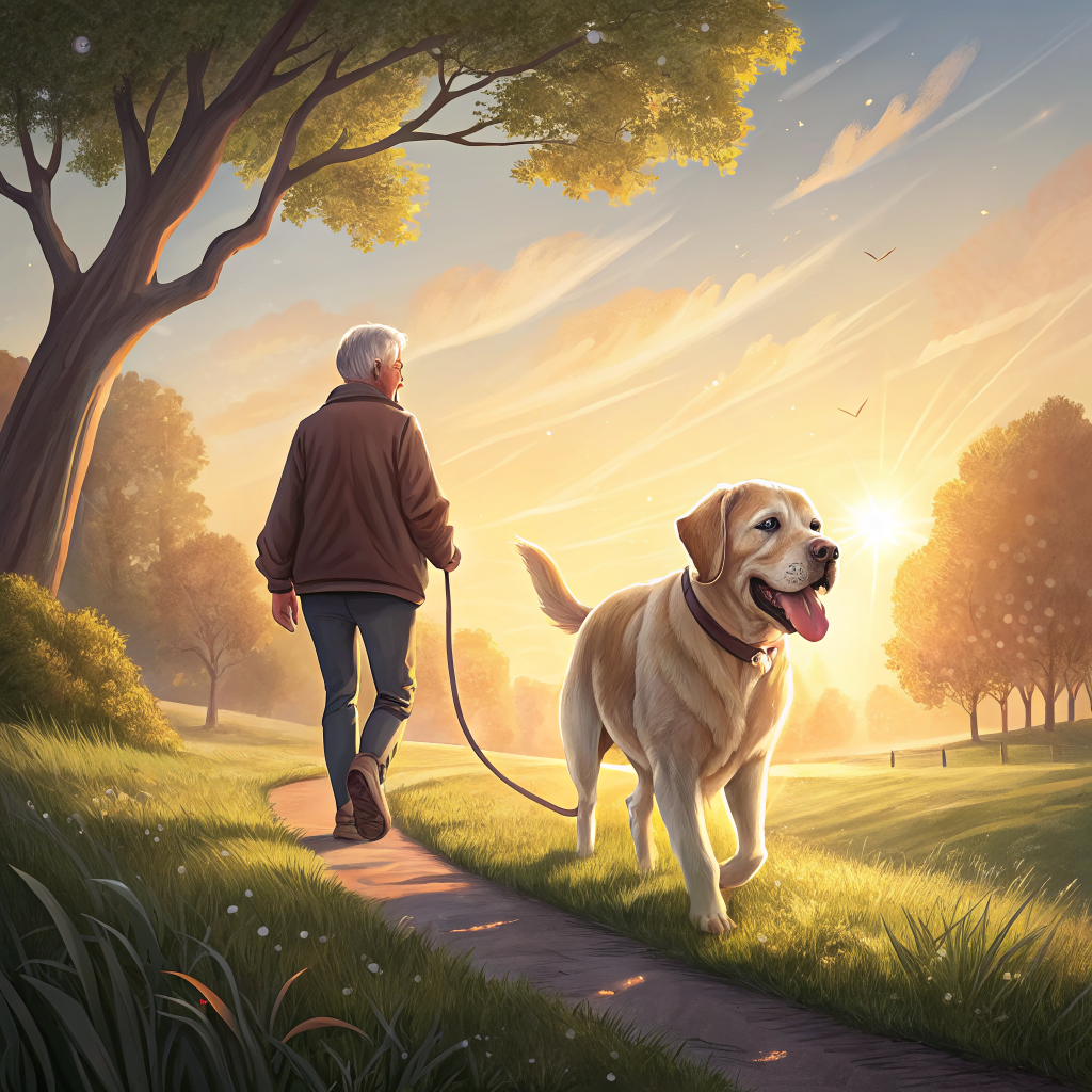 보호자와 함께 부드러운 잔디 위를 산책하는 노령견, 관절염 관리를 위한 저충격 운동