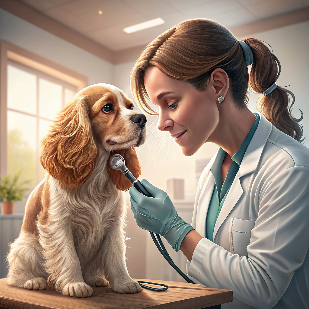 동물병원에서 이경으로 귀 검사를 받는 코커스패니얼, 강아지 외이도염 가이드 대표 이미지