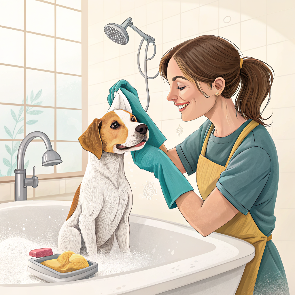 보호자가 집에서 강아지 귀를 부드럽게 세정하는 모습, 올바른 귀 관리