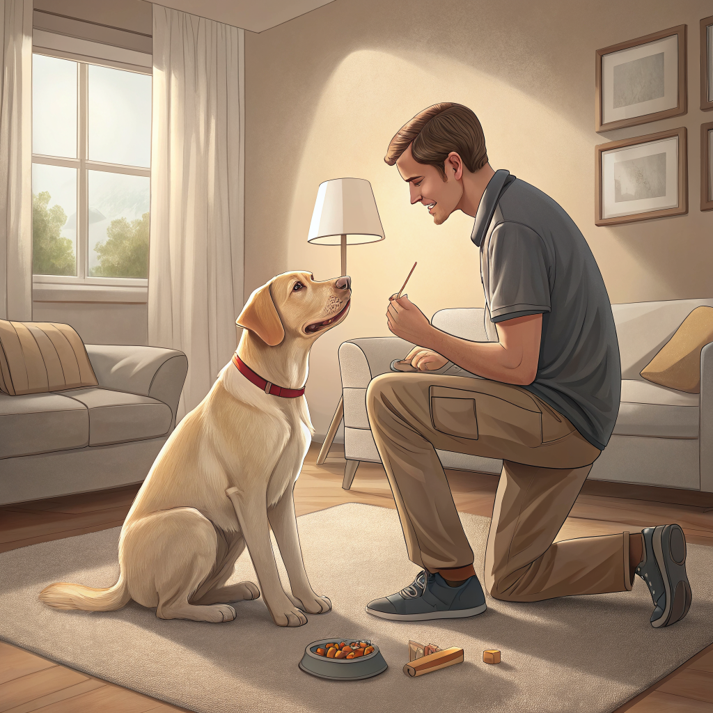 전문 트레이너가 라브라도 리트리버와 긍정강화 훈련을 하는 모습, 강아지 분리불안 훈련 방법